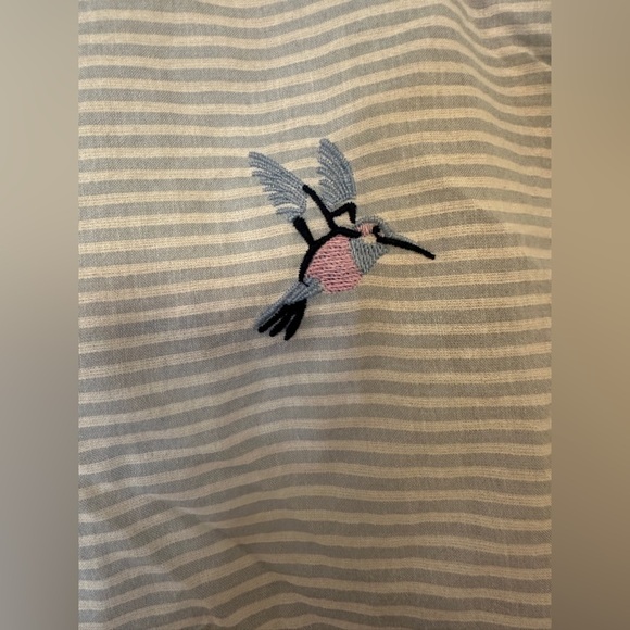 Talbots SINGING BIRDS NECKERCHIEF Blue and White Striped Scarf with Embroidery - Picture 2 of 5